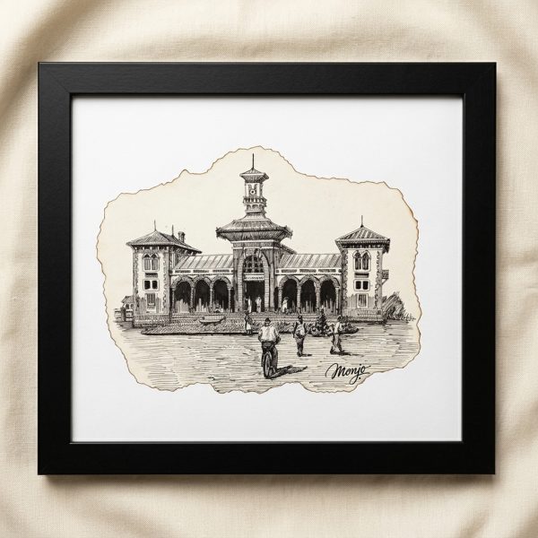 Architectural Heritage Fine Art Drawing – Original Black Gel Pen Ink Illustration by Monjo