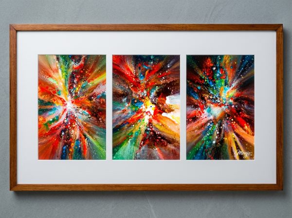 "Burst of Light & Color" Abstract Acrylic Triptych Artwork in Walnut Frame