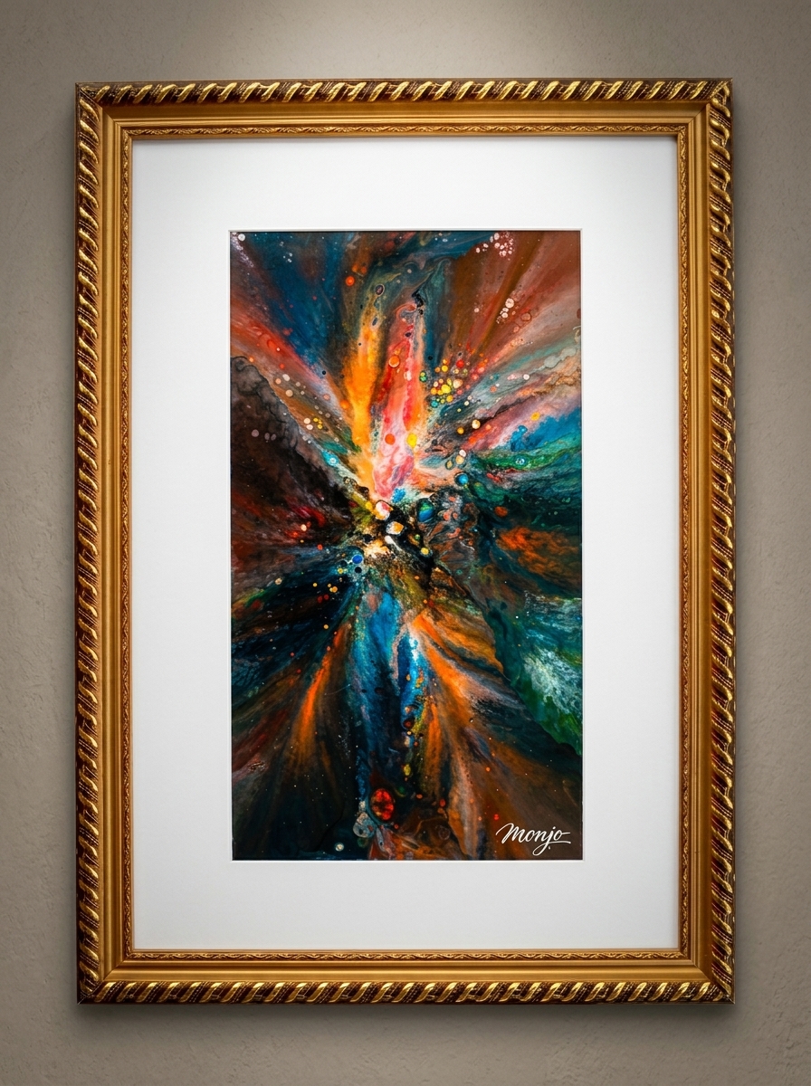 Cosmic Flare abstract acrylic painting framed in gold by artist Monjo