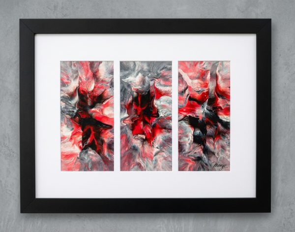 Crimson Fluidity – Contemporary Acrylic Triptych Artwork in Black Frame