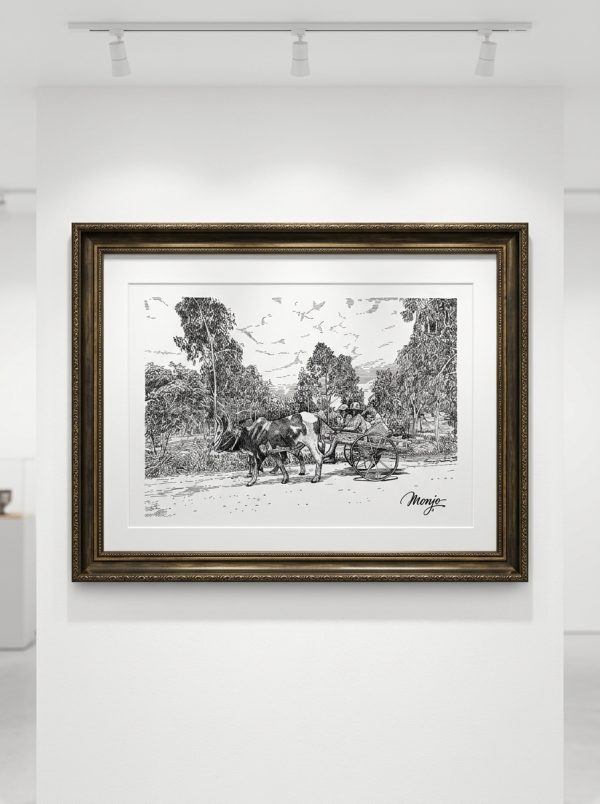 L'Échappée Rurale – Original Black Gel Pen Drawing (63 x 48 cm)