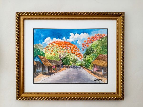 Original Watercolor Artwork "Flamboyant Blossom Alley" – Hand-Framed Masterpiece