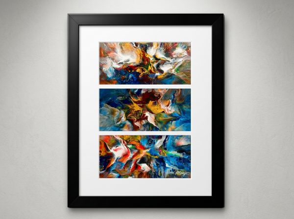 "Ignis & Aeon" Abstract Acrylic Triptych Framed Art Print - 45 x 35 cm