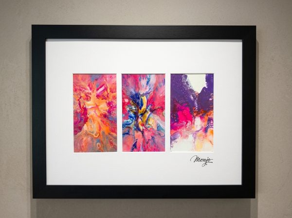 "Monjo" Crimson & Violet Abstract Acrylic Fluid Art Triptych – Onyx Framed Edition