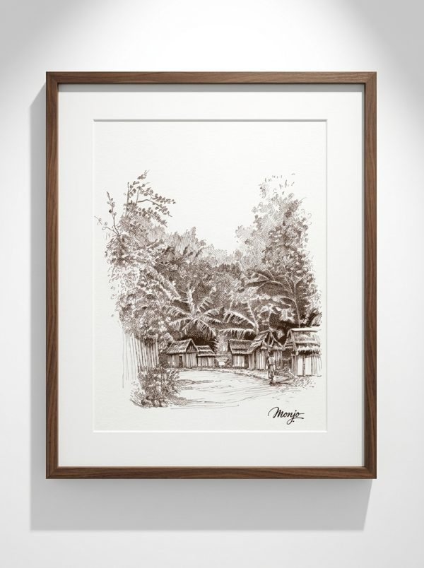 Monjo Original Black Gel Pen Village Artwork – Fine Art Paper & Solid Wood Frame (45x55 cm)