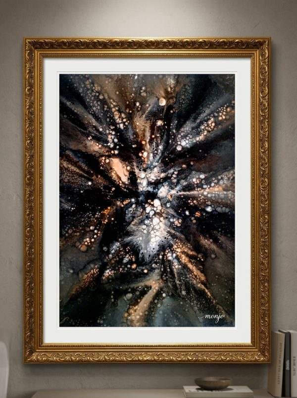 Peinture Abstraite Acrylique Moderne « Nébulosité d'Onyx » – Cadre Doré Sculpté (48x63 cm)