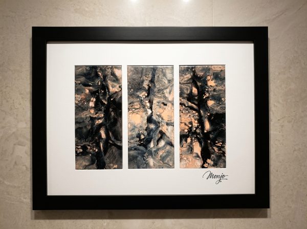 Triptych Abstract Acrylic Painting "Onyx & Gold Nebulae" by Monjo (45 x 35 cm)