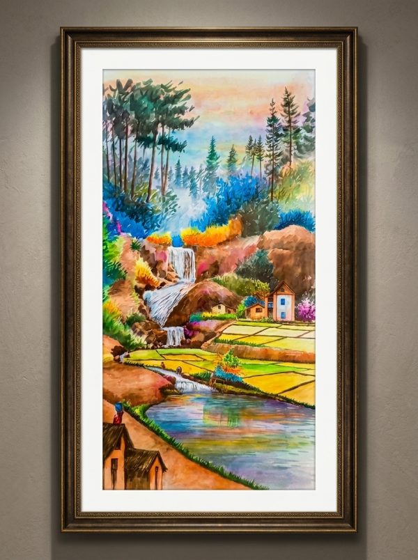 Serene Cascade & Golden Valley – Hand-Painted Acrylic Landscape Art (55 x 95 cm)
