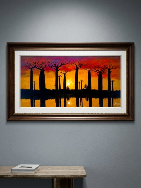 Sunset Baobabs Silhouette: Hand-Painted Panoramic Acrylic Canvas Artwork (110x55 cm)