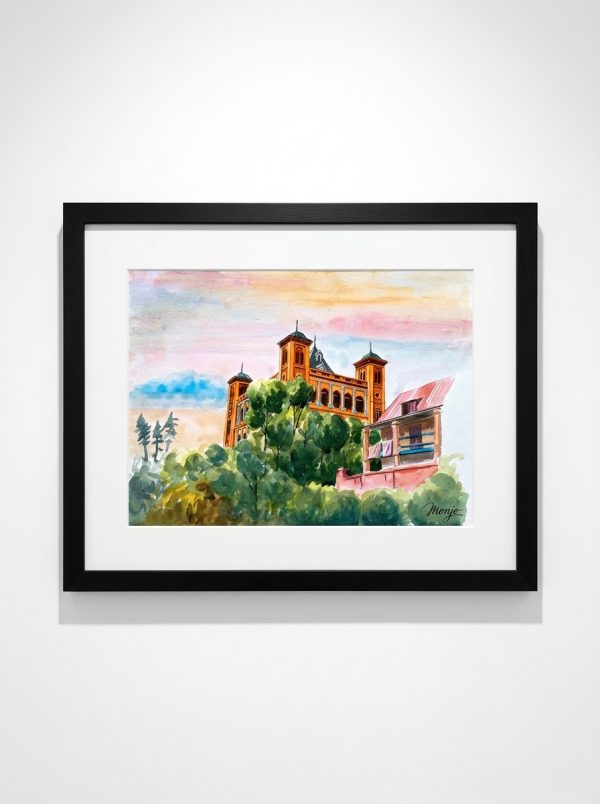 Original Watercolor Painting "Sunset Over the Royal Palace" – Black Framed Wall Art (55 x 45 cm)