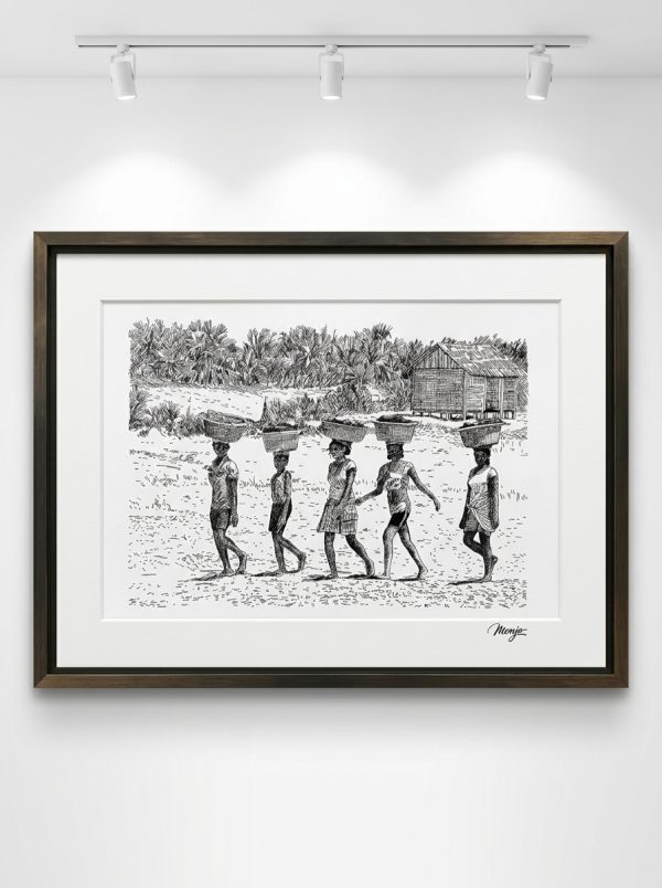 Original Black Gel Pen Drawing – "The Hope Bearers" Framed Wall Art