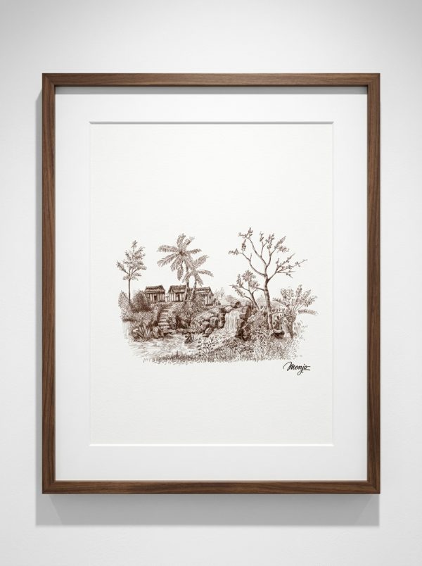 "Tropical Oasis" Original Black Gel Pen Ink Drawing by Monjo – Framed Fine Art (55 x 45 cm)