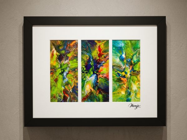 Monjo "Emerald Synergy" Original Abstract Acrylic Triptych Wall Art (45 x 35 cm)
